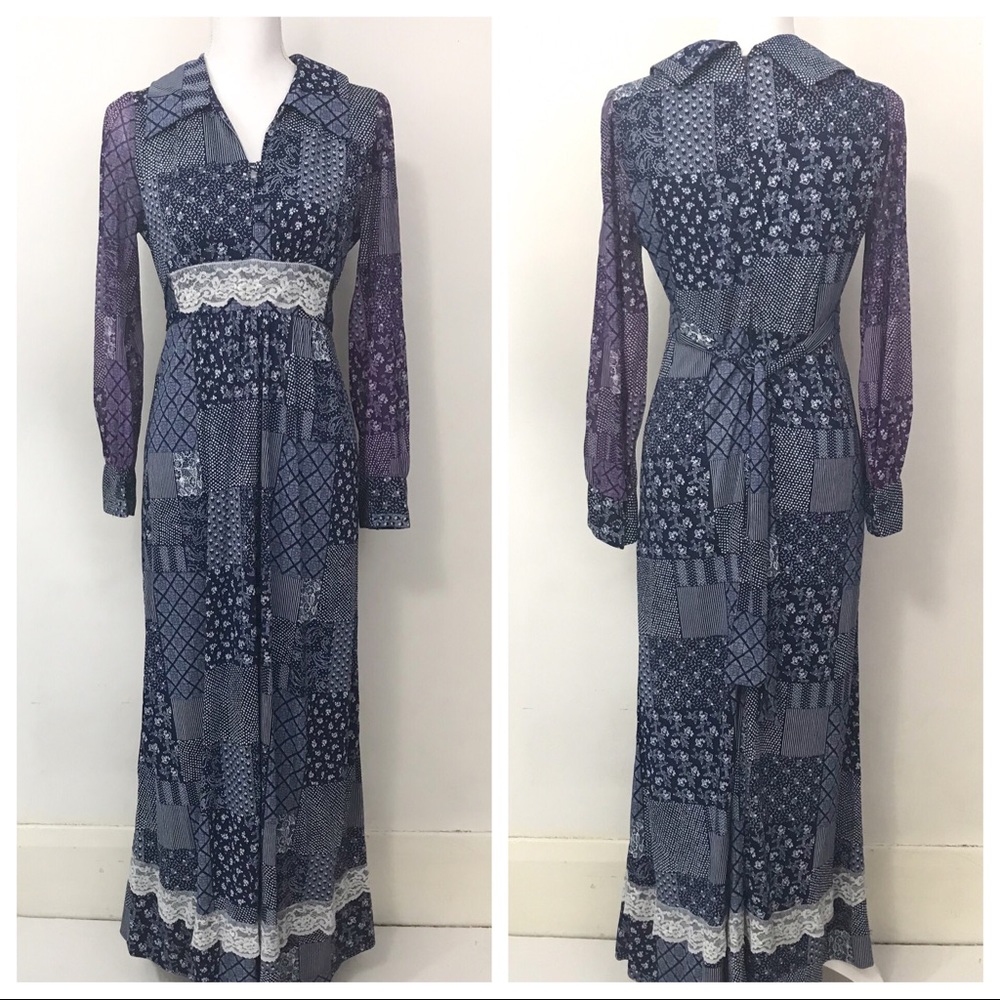 Vintage Prairie Maxi Dress Lace Trim Patchwork 70s - Picture 2 of 8